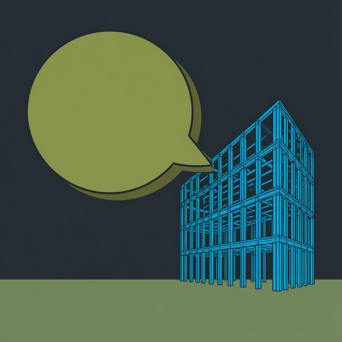 A speech bubble on the left connected to a precise structural building frame on the right