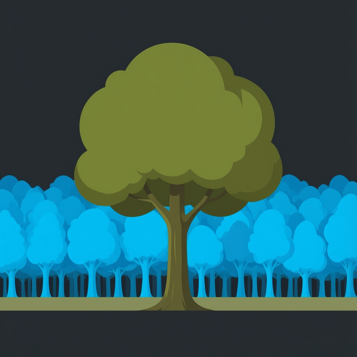 One large tree in the foreground obscuring a much larger forest behind it