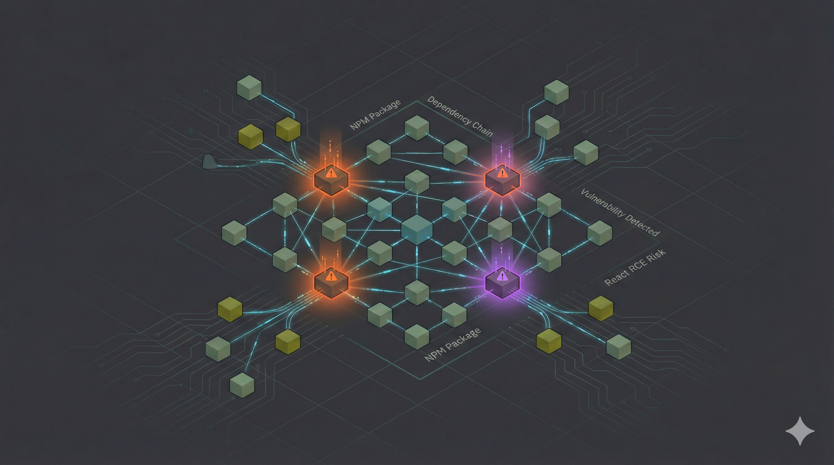 Modern software supply chain security visualization showing interconnected dependencies and security layers